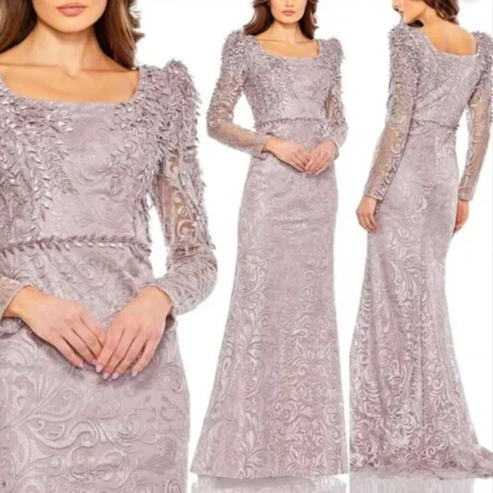 MAC DUGGAL 11187 EMBROIDERED APPLIQUE SHOULDER DETAIL TRUMPET MOCHA GOWN sz 4